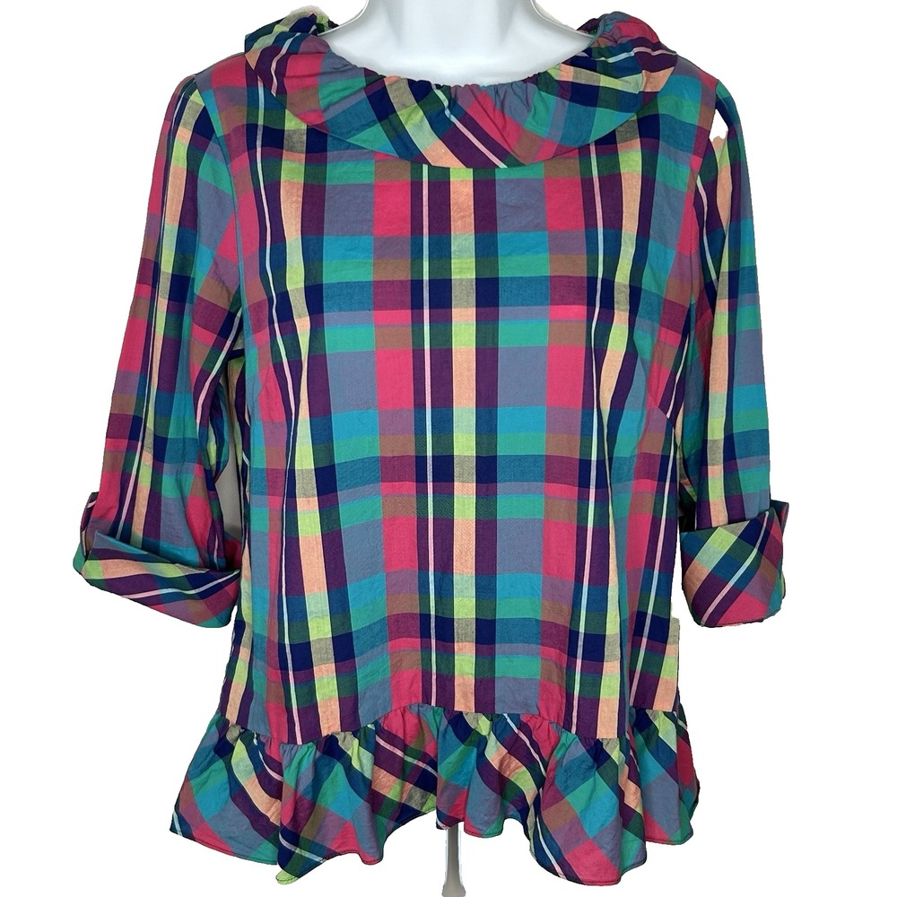 Sara Campbell Madras Plaid Blouse Size S Round Collar Peplum Ruffle Preppy